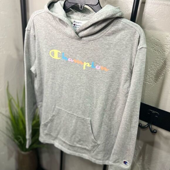 Champion Light Gray Hoodie with Colorful Logo Size Small - Picture 9 of 16